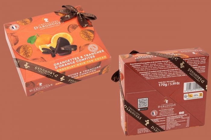 Assortiment orangettes et tranches d'oranges enrobées de chocolat noir 70%