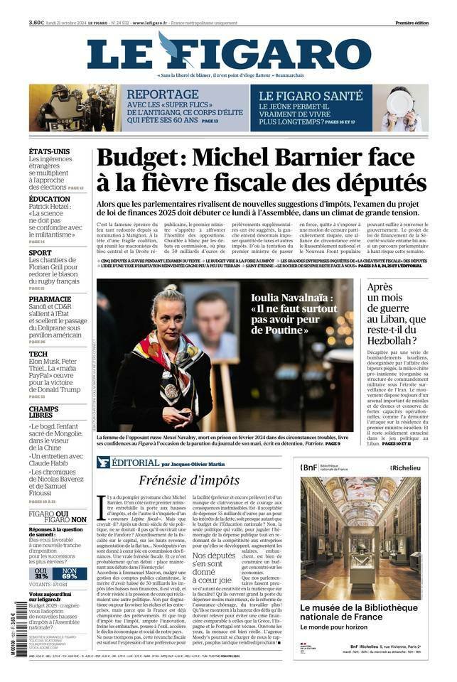 Une Le Figaro lundi 21 octobre 2024