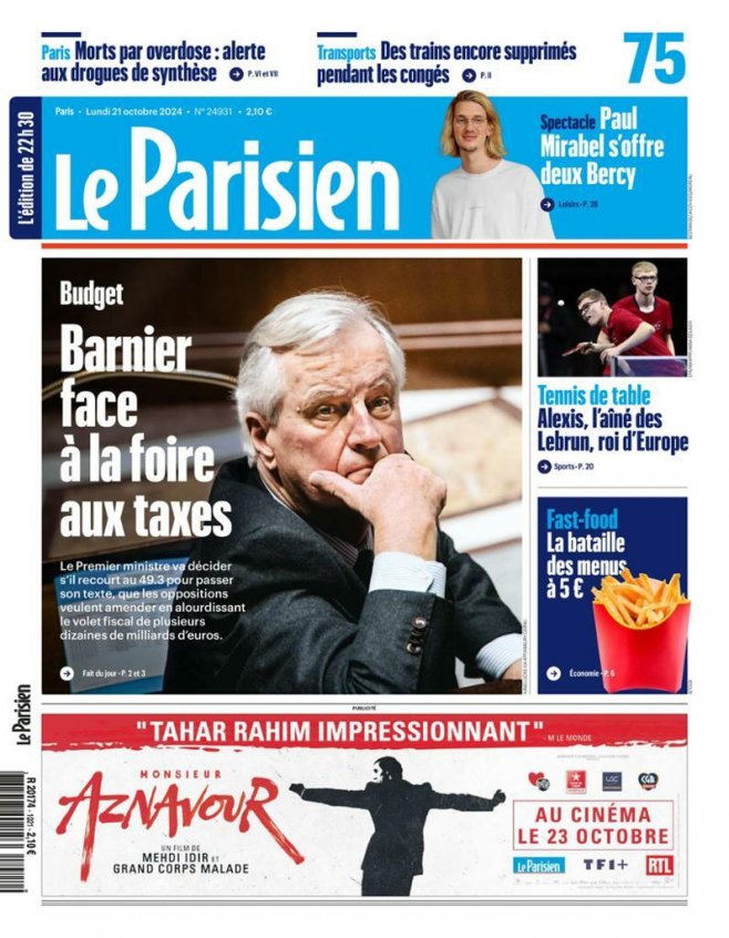 Une Le Parisien lundi 21 octobre 2024