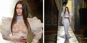 Photos : Bella Hadid défile seins nus en mariée sexy à la Fashion Week de Paris