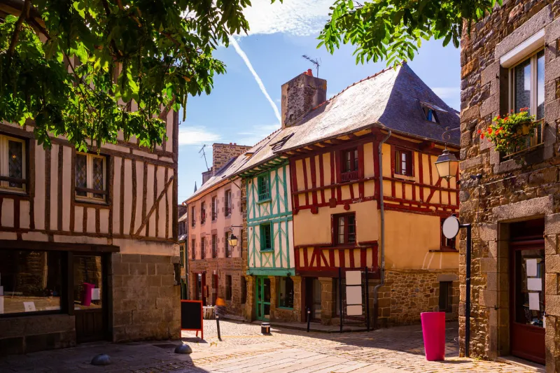 beautiful city saint-brieuc with ancient half-timbered houses, brittany region, france beautiful city saint-brieuc with ancient half-timbered houses, brittany region, france