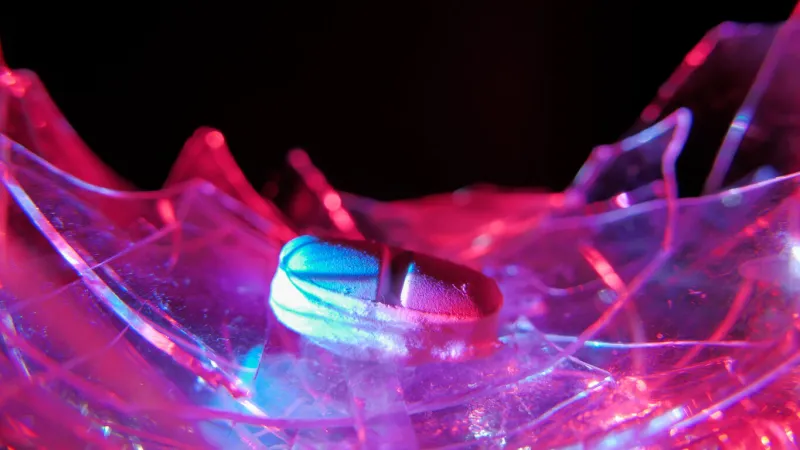 blue pill on broken wine glass on black background blue pill on broken wine glass on black background