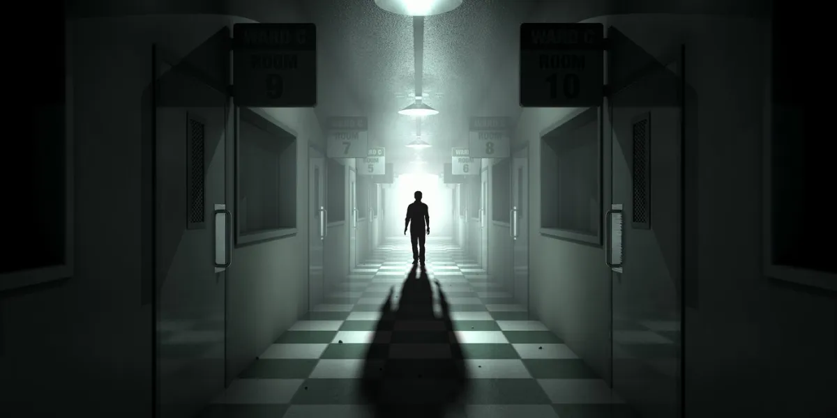 a ghostly figure casts a long shadow down the middle of a dimly lit passage of a dilapidated mental asylum a ghostly figure casts a long shadow down the middle of a dimly lit passage of a dilapidated mental asylum